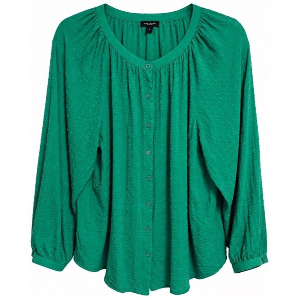 Ann Taylor Factory Blouse L Emerald Green Textured Button Front Balloon Sleeve
